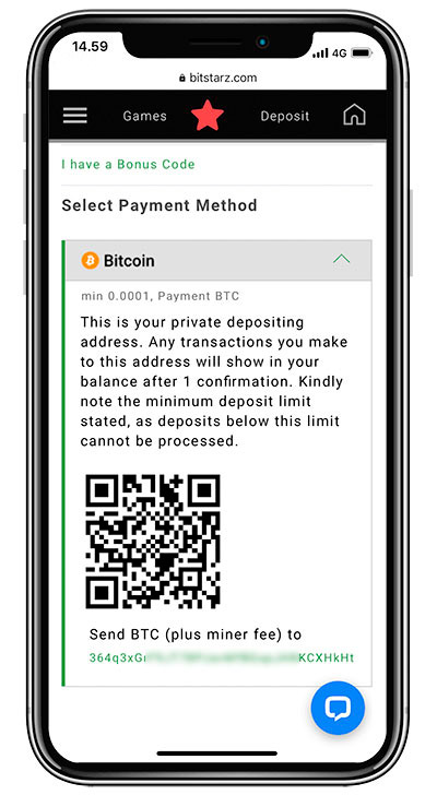 BitStarz's Bitcoin-indskudsskærm kan ses her.
