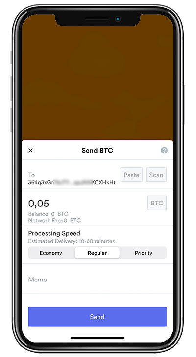Sådan sendes Bitcoins med BRD Bitcoin tegnebog-app.