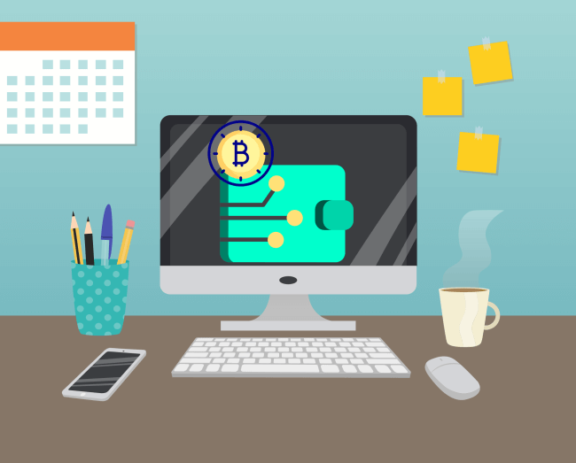 Illustration af desktop pc med en Bitcoin tegnebog