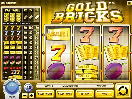 Dette er Gold Bricks 3-hjuls spillemaskine fra Vistagaming. Dette eksklusive spil kan kun spilles på Vegas Crest Casino.