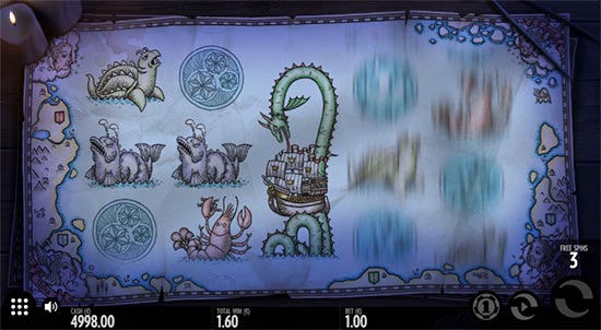 Bonus-peli muuttaa pelin tummansiniseksi teemaksi suurella myrskyllä ​​merellä. Keskellä näkyy Laajentuva villi -symboli.