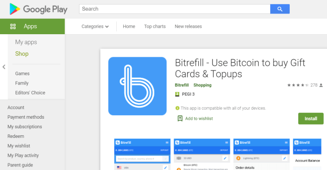 Bitrefill-app på Google Play