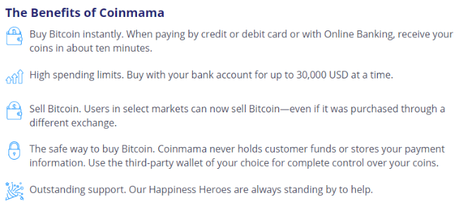 Skærmbillede af sektionen med fordele ved coinmama.com