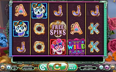 Skull-tema slot spil Sugar Skulls fra Booming Games, der kan spilles på CryptoWild casino.