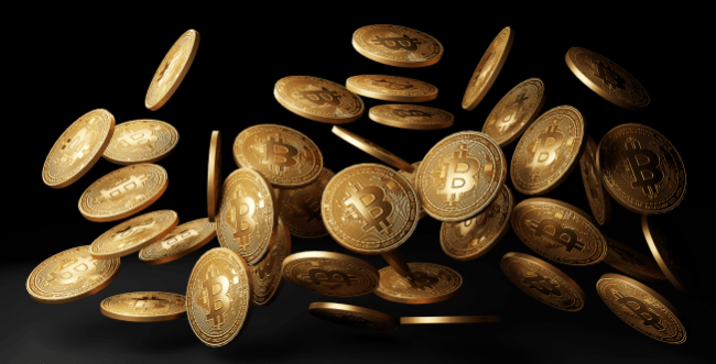 Kultaiset bitcoinit putoavat mustalla taustalla