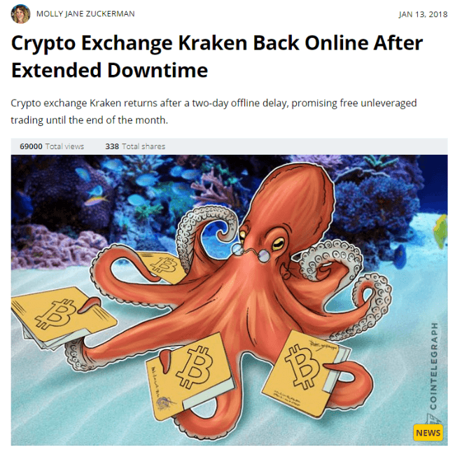 Uutinen otsikolla Crypto Exchange Kraken palaa takaisin pitempien seisokkien jälkeen