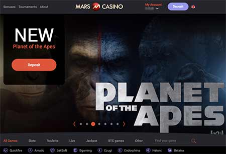Mars Casino lobby med en reklame for et nyt slotspil Planet of the Apes.