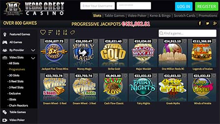 Joitakin Vegas Crest Casinon progressiivisia (jättipotti) kolikkopelejä.