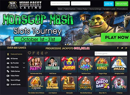 Tältä näyttää Vegas Crestin kasinon kotisivu. Lokakuussa 2018 on käynnissä Monster Mash -kolikkopelit.