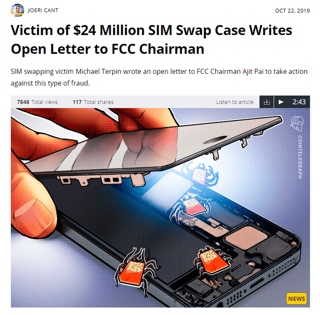 uutisotsikko otsikolla, joka kirjoittaa 24 miljoonan dollarin SIM Swap Case -tapahtuman uhrin, kirjoittaa avoimen kirjeen FCC: n puheenjohtajalle